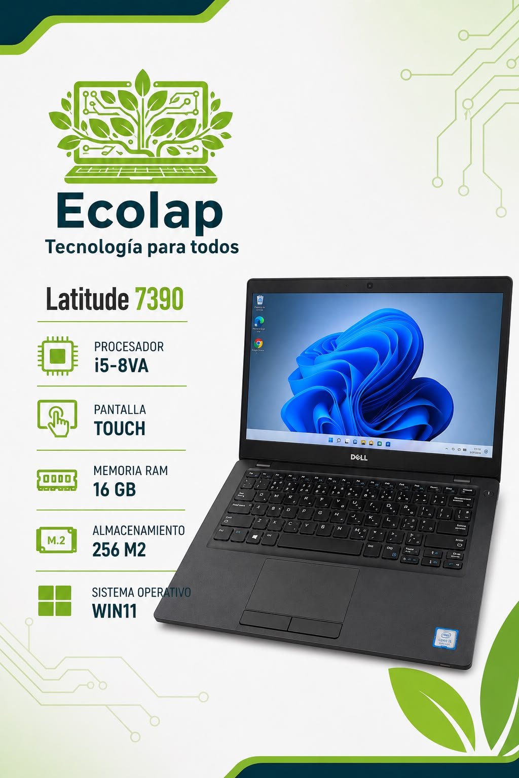 Dell Latitude 7390 | Intel Core i5 8va Gen | 16 GB RAM | SSD M.2 256 GB | Pantalla Táctil | Windows 11 + Office