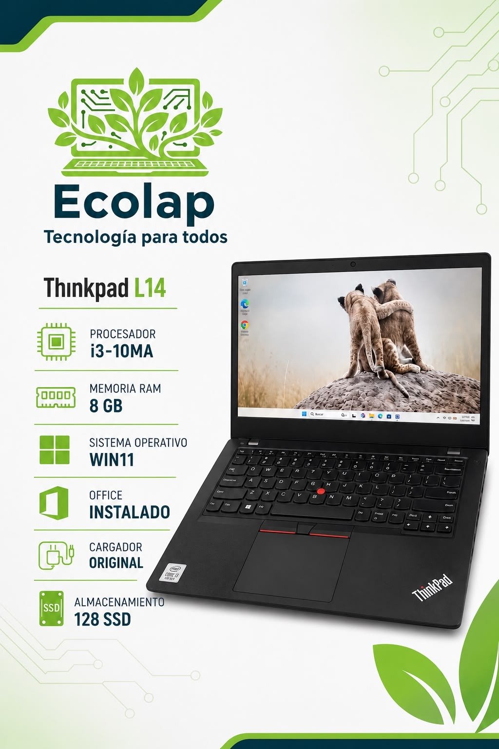 Lenovo ThinkPad L14 | Intel Core i3 10ma Gen | 8 GB RAM | SSD 128 GB | Windows 11 + Office